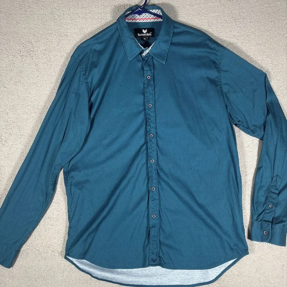 Buttercloth Shirt Long Sleeve Men's Size XL Blue Brick‎ Pattern Geometric Preppy